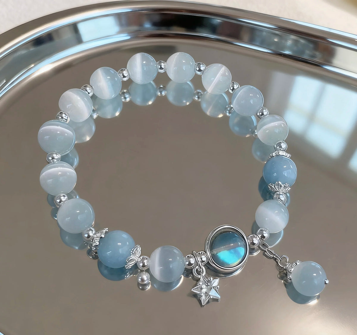 Hnewly  New Unique Dreamy Blue Moonstone Cat Eye Pendant Crystal Bead Bracelet Party Jewelry Gift For Women