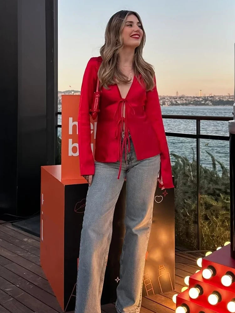 Hnewly Elegant Solid Satin Lace Up Short Shirt Women Chic Long Sleeve Deep V Neck Hollow Out blouse 2025 New Ladies Commute Office Wear