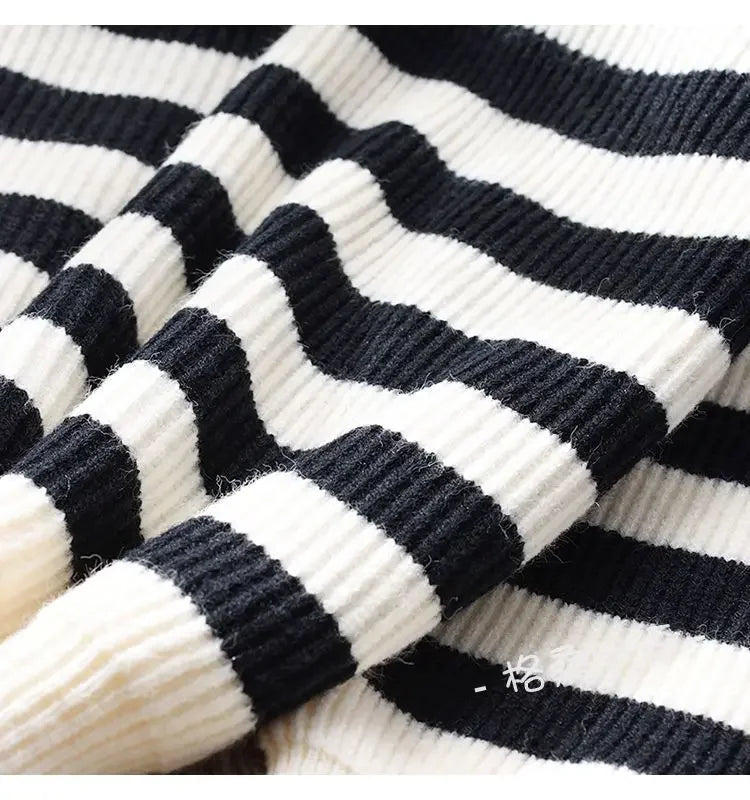 Hnewly  Half Zipper Stripe Pullover Sweater  Women Loose Knitted Base Shirt  2025 Spring /Autumn Japanese Style Long Sleeve Pullover Top