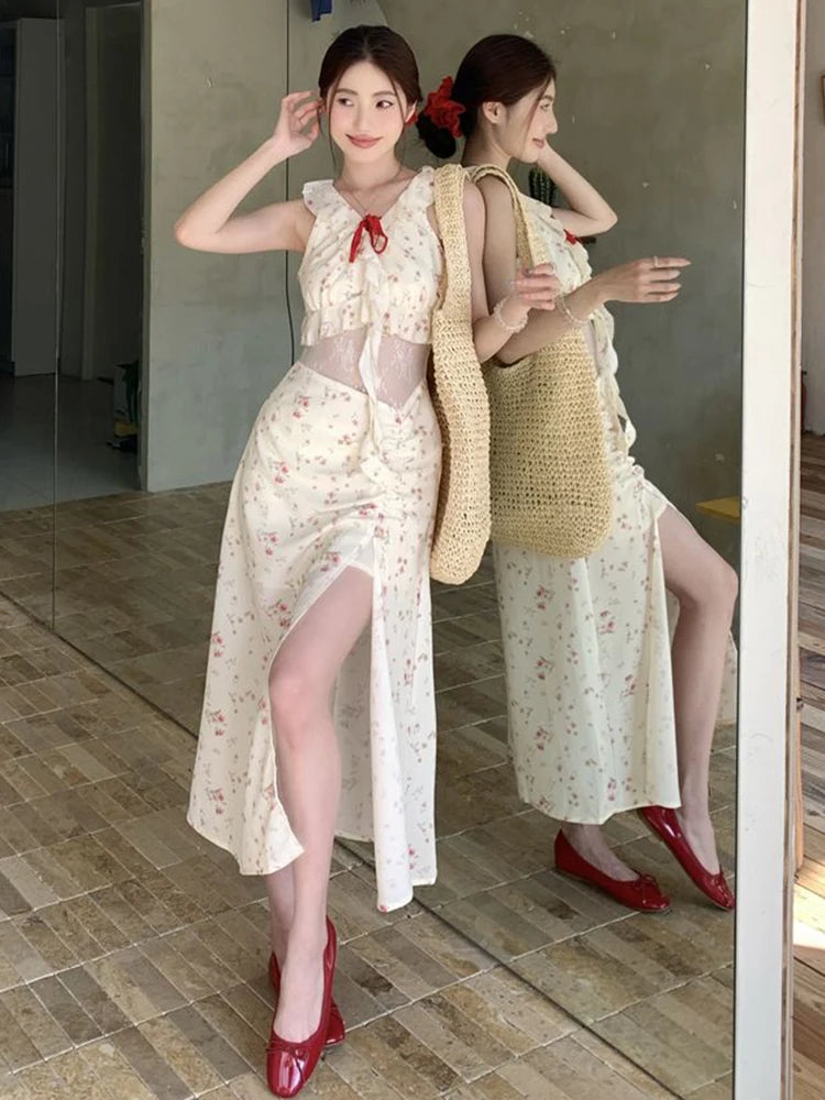 Hnewly Sweet Floral Patchwork Dress for Women Summer Elegant Ruffled Slit Dress Y2K Fashion Lace Up Bow Beach Vacation Party Vestidos