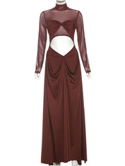 Hnewly  Cutenew Patchwork Mesh Women Maxi Dress Hipster Stacked Ruched Hollow See Through Full Sleeve Split Long Robe Female Party Frock