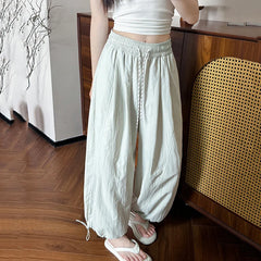 Hnewly  Ice Silk Bloomers Wide Leg Pants Women Summer Elastic High Waist Loose Trousers Woman Drawstring Pocket Casual Pants Mujer