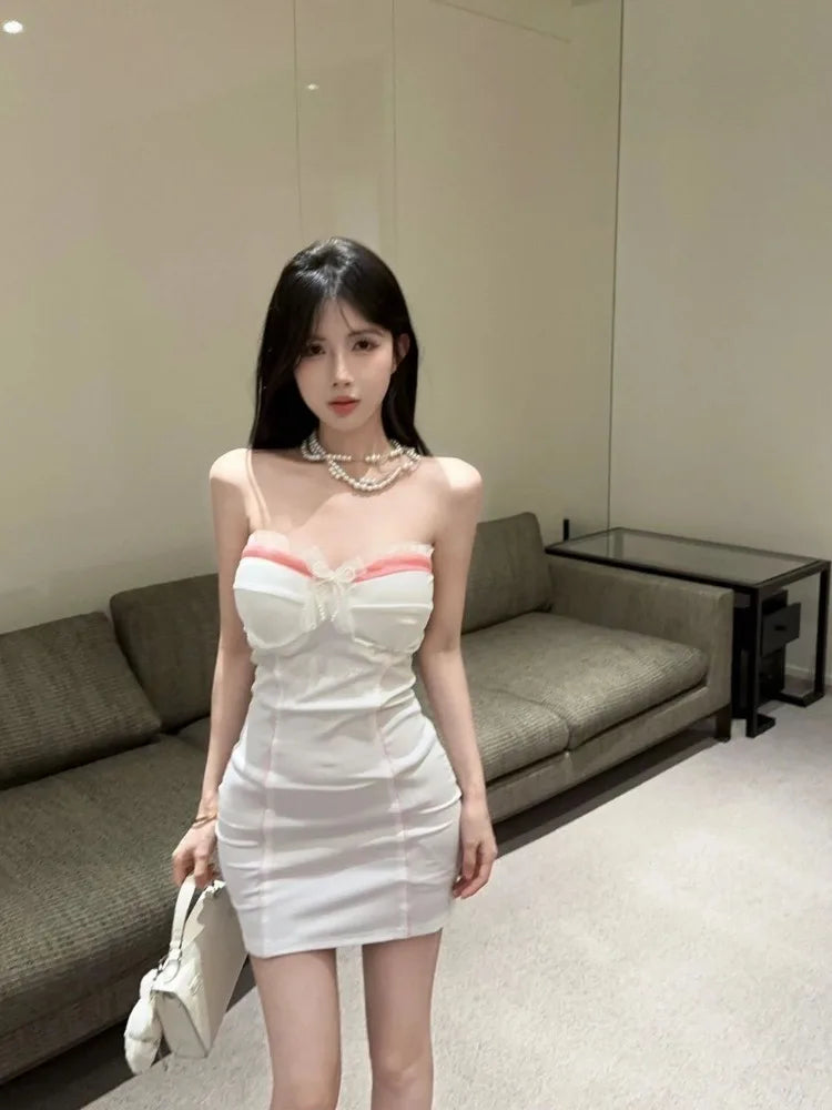 Hnewly  Woman Dress Sexy Elegant Strapless Ruffles Patchwork Lace Mesh Slim Backless Bow Party Mini Dresses Clubwear Sweet