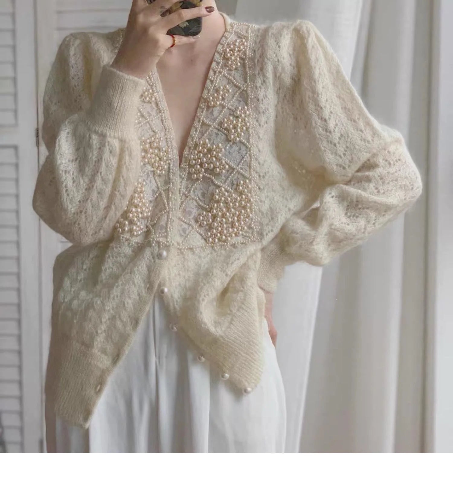 Hnewly  Women Luxury Pearls Beaded Mohair Sweater V-neck Hollow Out Thin Loose Knitted Cardigan Korean Elegant Long Sleeved Spring Top