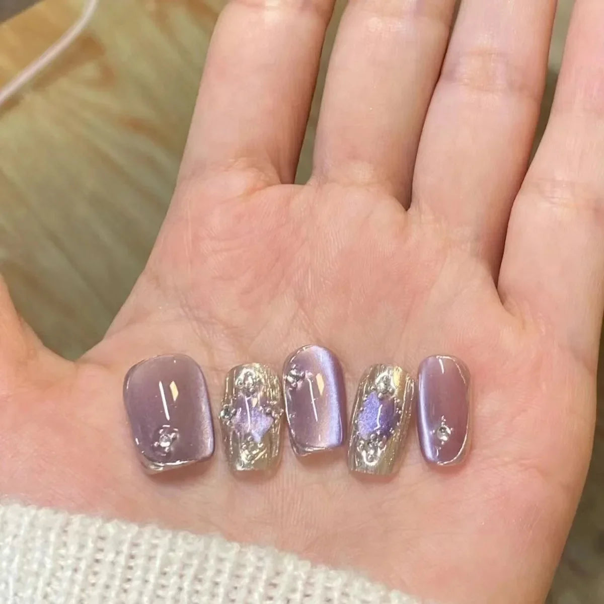 Hnewly 10Pcs Handmade Press on Nails Full Cover Cat Eye Rhinestone Design Nude Color French Ballerina False Nails Manicure Nail Tips