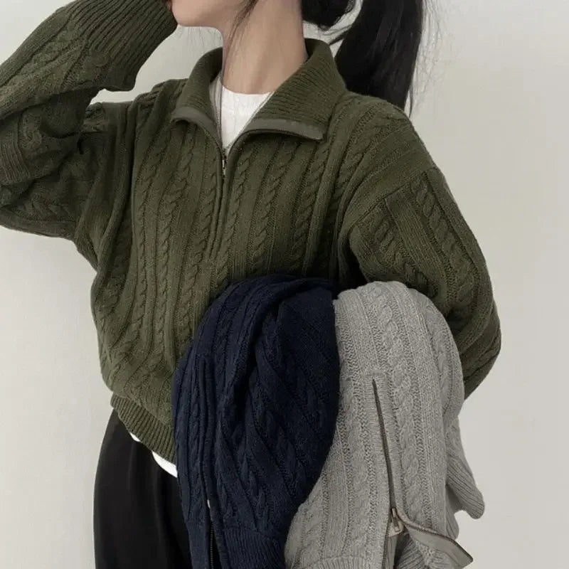 Hnewly Korean Fashion Half Zipper Sweaters Women Vintage Twisted Knitted Crop Pullover Casual Sueter Mujer Long Sleeve Tops