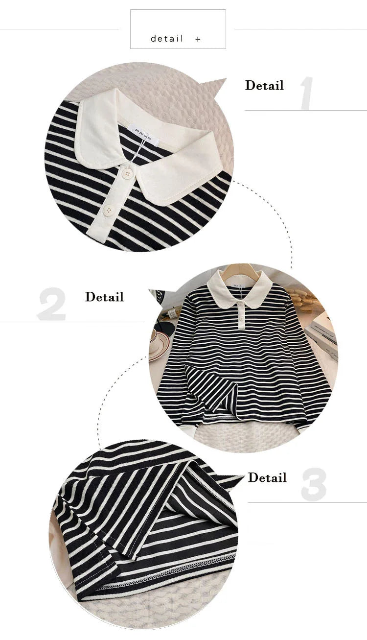 Hnewly  Classic Black White Striped Sweatshirts Casual Loose Turn-down Collar  Women's Spring 2025 New Korean Long Sleeve T-shirt Top