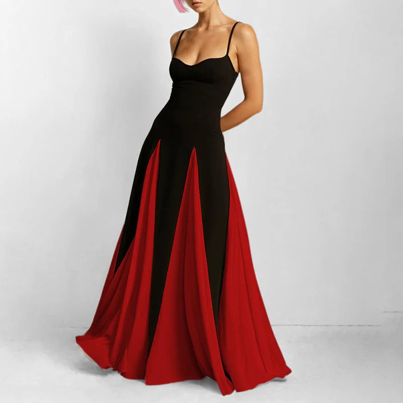 Hnewly  Fashion Mix Color Spaghetti Strap Dress Women Elegant Big Hem Party Long Dresses Woman New Sleeveless Maxi Dress Ladies