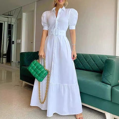 Hnewly  New Womens Summer Shirt Dress with Belt  White Green Short Sleeve Eelegant Long Dresses Clothing for Woman