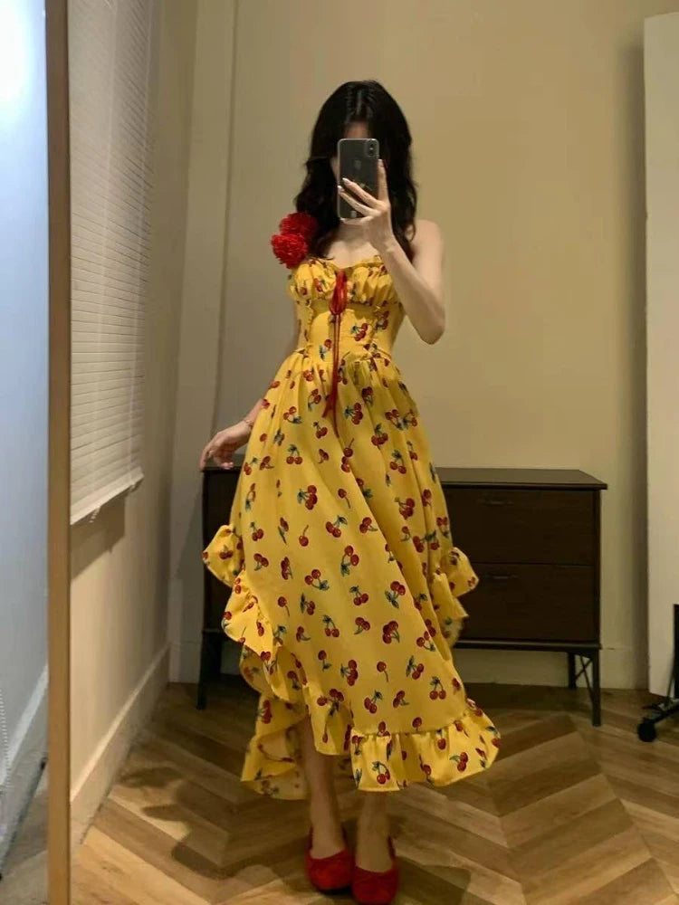 Hnewly Summer Holiday Irregular Design Sleeveless Floral Dress Women Vacation Chiffon Sexy Backless Beach Dress Korean Style Chic