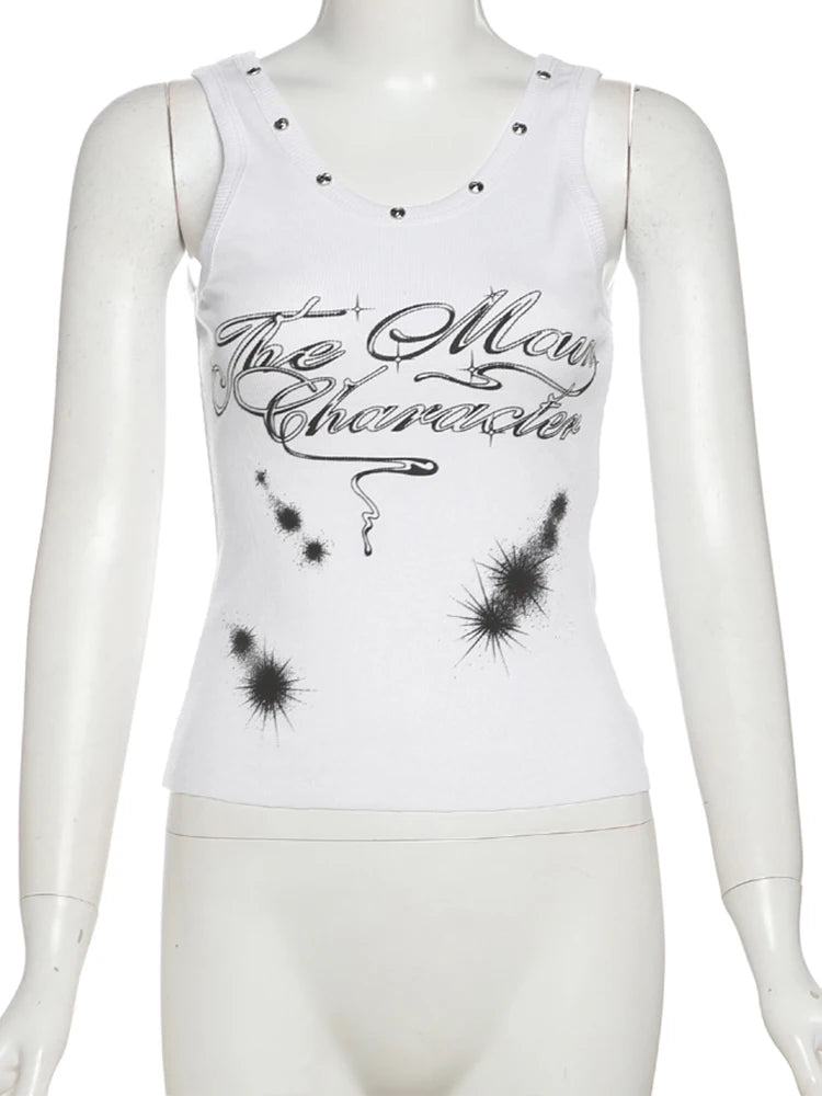Hnewly  Letter Print Vest Women o-Neck Sleeveless High Stretch Rough Edges Round Metal Decoration Classic Simple Mini Tops