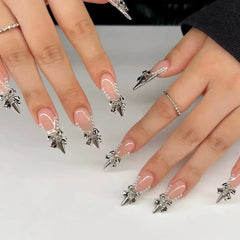 Hnewly 24Pcs White Almond False Nails Ballet with French Design Wearable Fake Nails Gradient Simple Full Cover Press on Nail Tips Art