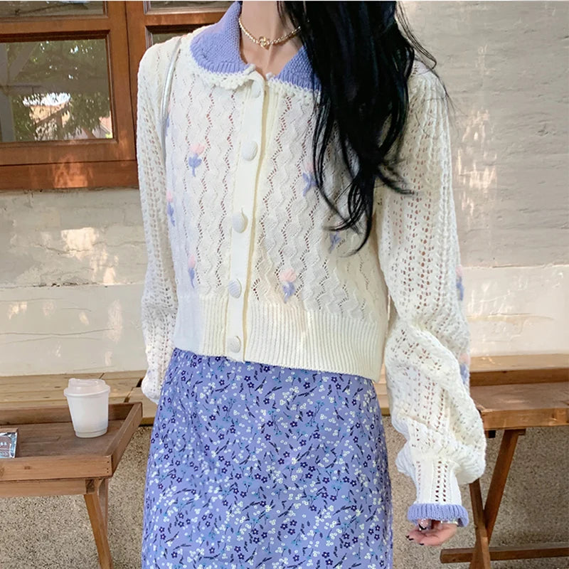 Hnewly  Embroidered Floral Pointelle Knit Cardigan Women Collared Button-up Openwork Sweater Jacket Cute Teen-girl Fairycore Clothes