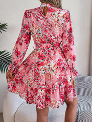 Hnewly  Elegant Mock Neck Belted Ruffle Hem Floral Print Dress For Spring & Fall, Women's Clothing