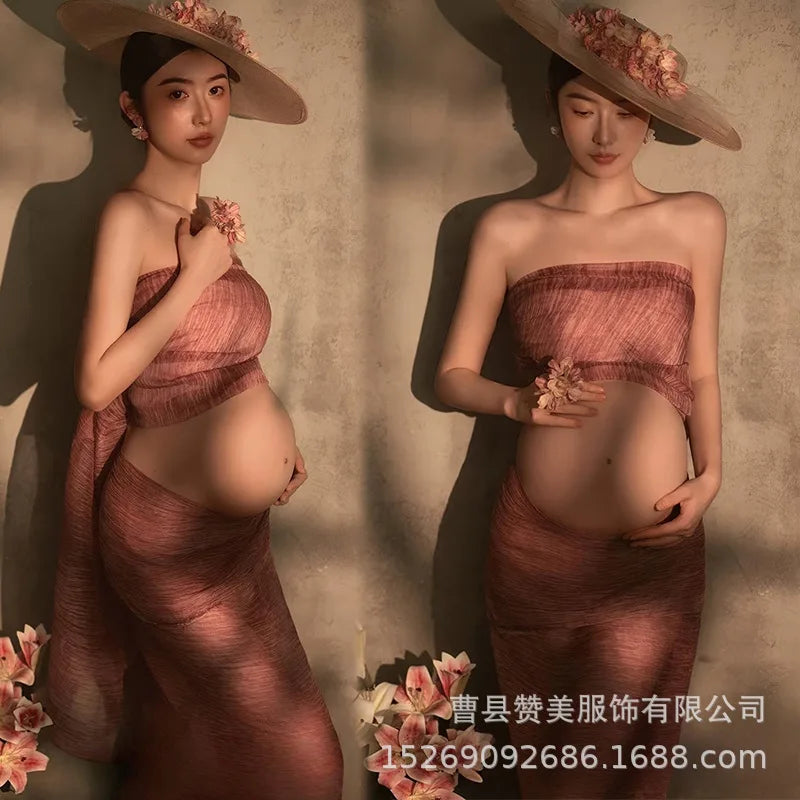 Hnewly  Women Maternity Dress for Photography Retro Elegant Tank Top with Cloth 2pcs Pregancy Clothes for Studio Photo Shoot Clothing