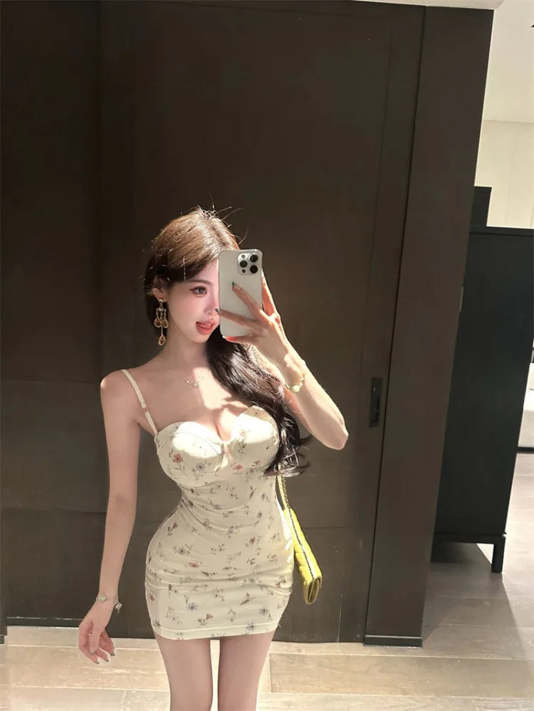 Hnewly  Woman Dress Sexy Sleeveless Floral Printed Slim Slash Neck Backless Vintage Elegant Party Mini Dresses Female Fashion