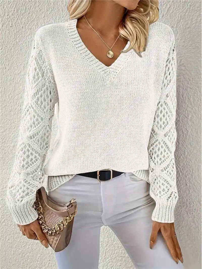 Hnewly  Long Sleeve Pointelle Knit Top Pullovers Women Sweater Openwork Long Sleeve V-neck Jumper Fall Winter Blusas Para Mujer Outfit