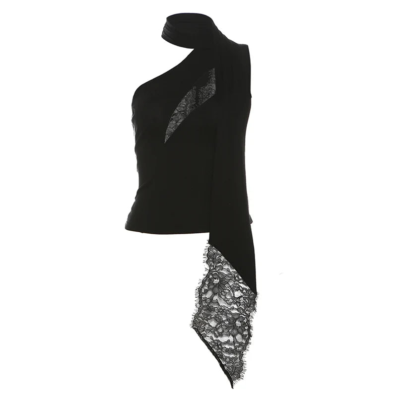 Hnewly Irregular Design Blouse Women Casual Sleeveless Sexy Lace Patchwork Y2k Crop Top Korean Fashion Shirts Black Gothic