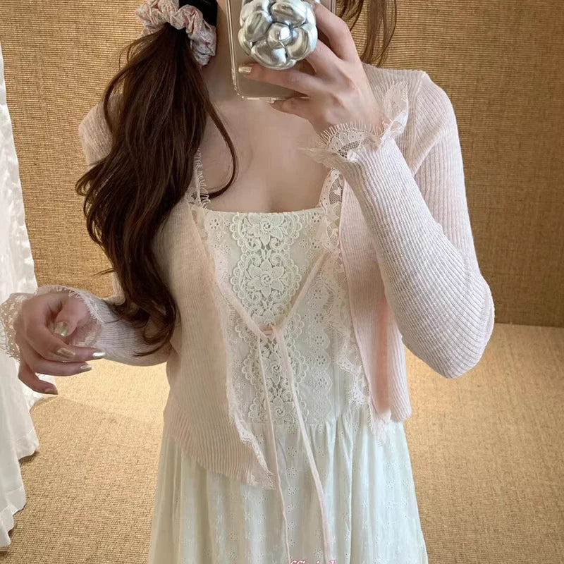 Hnewly  Lace Trim Tie Up Knit Top for Women Sheer Knitted Crop Cardigan Long Sleeve Open Jacket Teen-girl Y2K Sweetgirl Cute Outfit