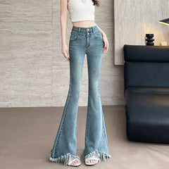 Hnewly  Women's High Waist Fringe Flare Jeans Spring Summer Slim Fit Denim Trousers Raw Hem Bootcut Long Pants