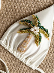 Hnewly  3D Coconut Tree Halter Pearls Mini Micro Bikini Women Swimsuit Female Swimwear Two-pieces Bikini Set Bather Bathing Suit Swim