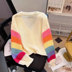 Hnewly  Rainbow Striped Knitted Cardigan for Women Teen-girl Cozy Soft Mohair Button Front Sweater Jacket Winter Autumn Y2K Outfit