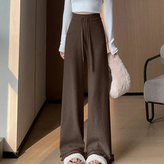 Hnewly  Fashion Tassel Edge Knitted Pants for Women Loose Wide Leg Pants Woman Autumn Winter Drawstring High Waist Baggy Strousers Lady
