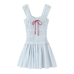 Hnewly  Sexy Blue White Striped Elastic Strap Slash Shoulder Dress Folded Elastic Waist Swing A-line Short Tank Robe Holiday Woman