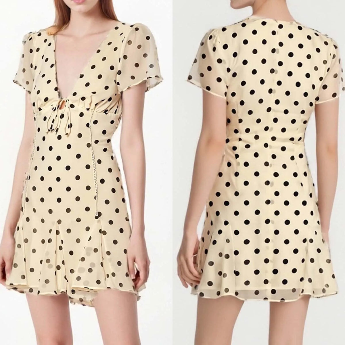 Hnewly  Women's Elegant Short Sleeves Mini Dress Summer Vintage Dot Print Bow Tied Front V-Neck Ruffle Hem A-Line Party Dress