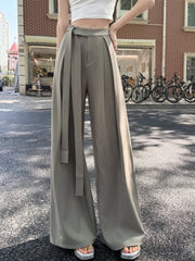 Hnewly  Elegant Office Suits Pants for Women with Sashes High Waisted Wide Leg Baggy Blazer Pants with Pocket Beige Black Khaki