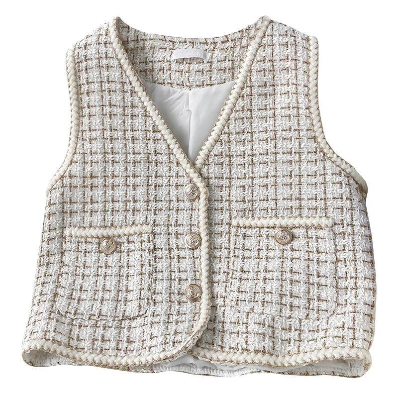 Hnewly  Women New Autumn Tweed Elegant Vintag Vest V-neck Sleeveless Slim Pockets Waistcoat Ladies Fashion Womens Short Small Vest