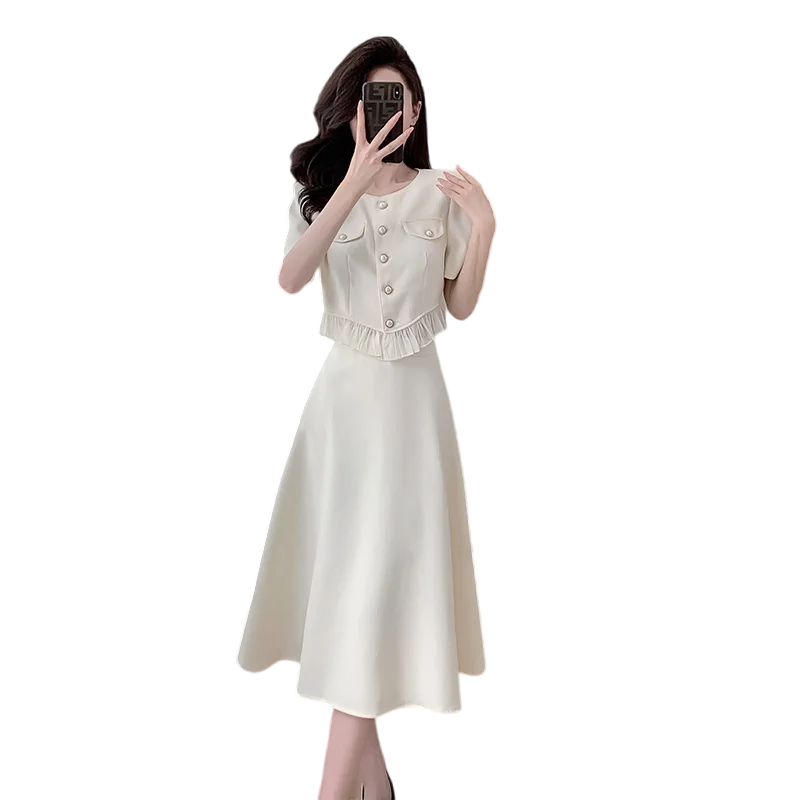 Hnewly French Vintage Solid Womens Midi Dress Short Sleeve O-neck Elegant Slim Summer Fashion Office Ladies Two Piece Set Clothing