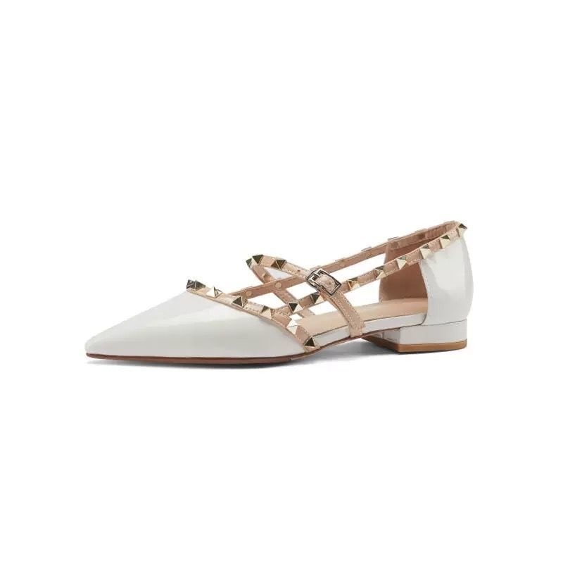 Hnewly Ankle Strap Cut Out D'orsy Studded Rockstud Patent Leather Rivet Flats T-Strap Buckle Walking Soft Women Shoes Travel Size 35-43