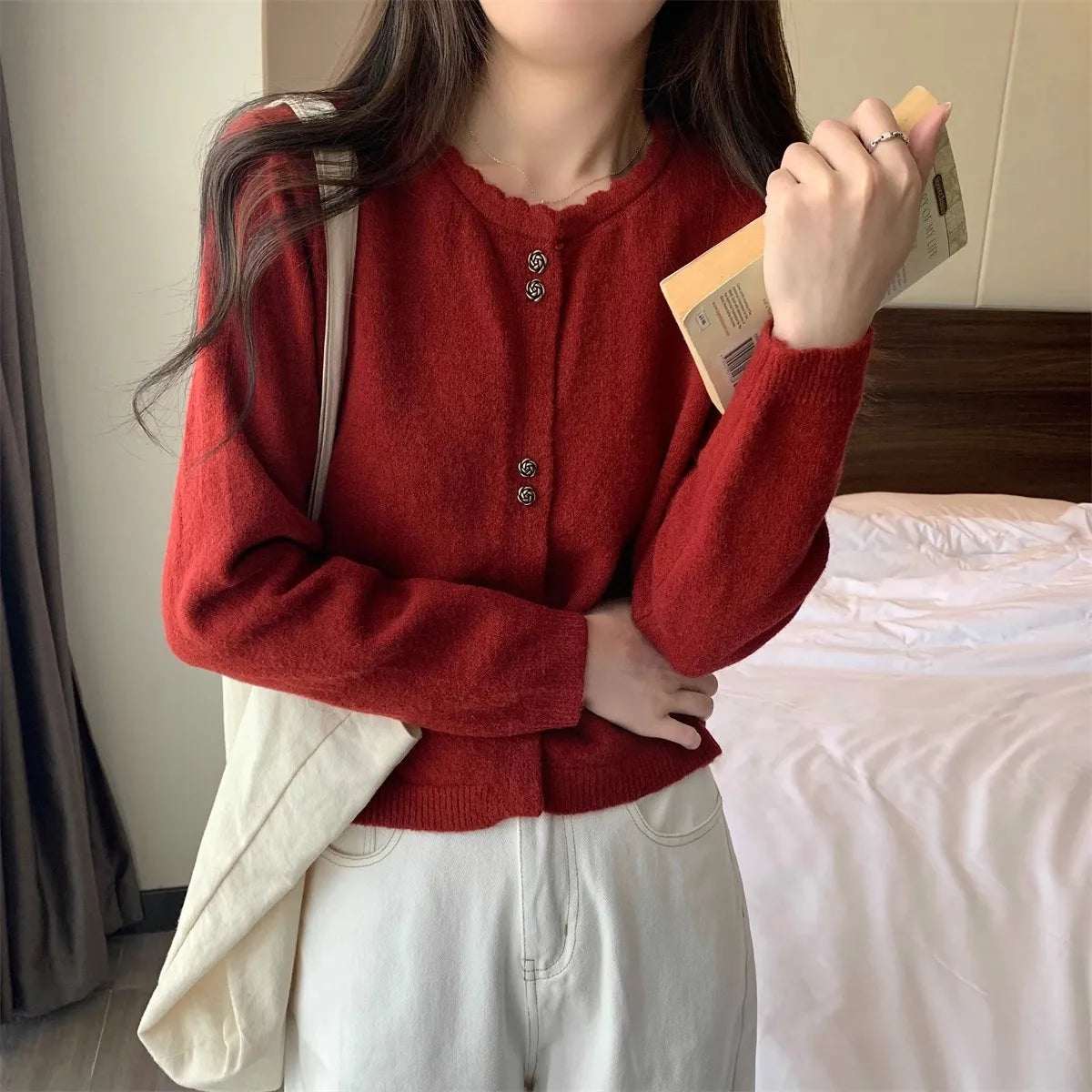 Hnewly  Sweet Short Hollowed Out Sweater Chic Buttons Long Sleeved Knitted  Cardigan Jacket Korean series Round Neck Loose Top