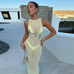 Hnewly  3d Starfish See Through Beach Long Dress Women Slim O-neck Sleeveless Backless Lace Up Dresses Summer Mesh Holiday Robes