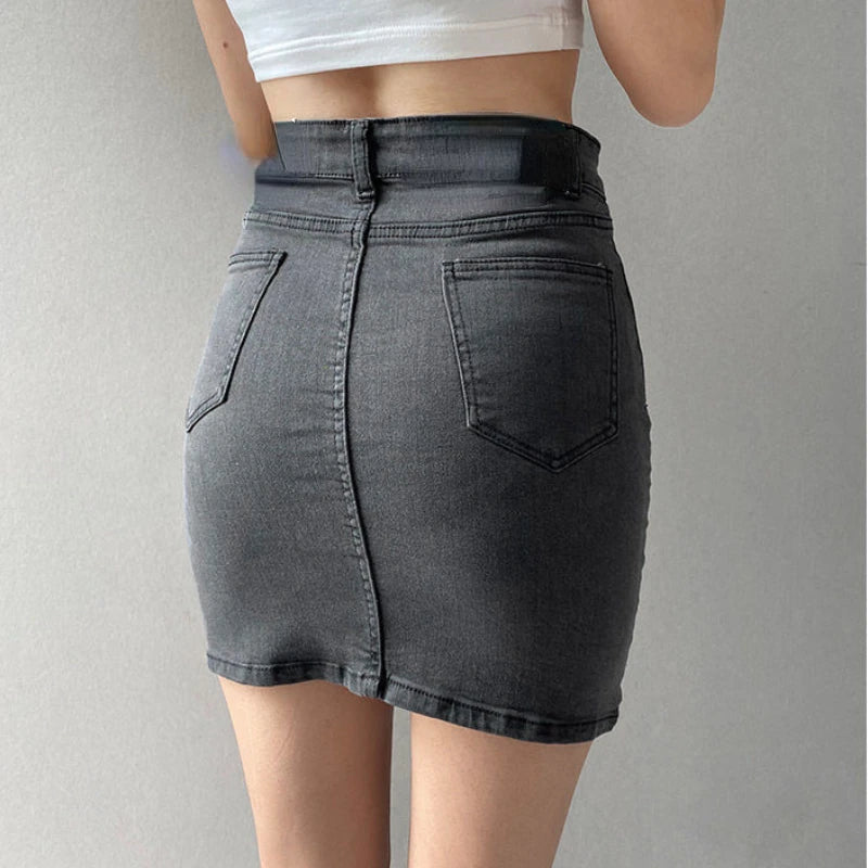 Hnewly Skirts Women America Vintage High Waist Stretchy Bodycon Slim A-line Mini Sexy Denim Jupe Fashion Harajuku Simple Casual Ladies