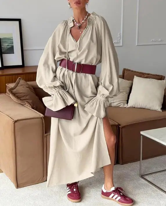 Hnewly  New Women's Puff Sleeve Maxi Dress Drawstring Neck and Loose Fit Design Elegant Casual Lace Up Long Skirt