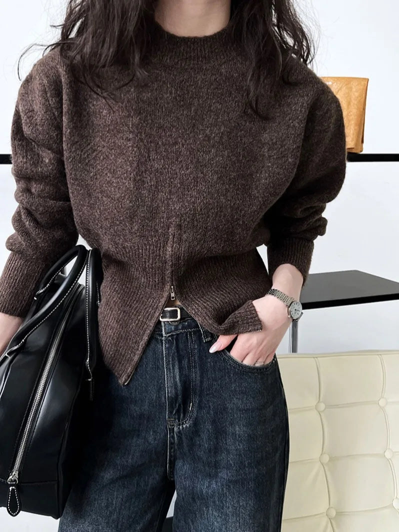 Hnewly Cinched Waist Sweater for Women Pullovers Long Sleeve Mock Neck Plain Knitted Jumper with Zip Front Trendy Fall Winter Outfit