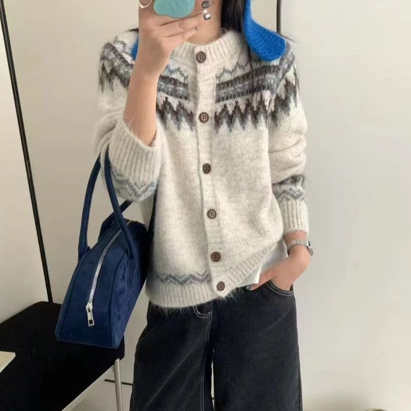 Hnewly  Fair Isle Sweater Cardigan Women Long Sleeve Button-Up Crewneck Knitted Jacket Cardi Female Knitwear Fall Winter Vintage Outfit