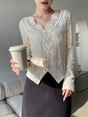 Hnewly  V-neck Lace Base Shirt for Women New Spring Clothes All Match Long-sleeved T-shirts Fashion Tops Outwear Korean Style Tees