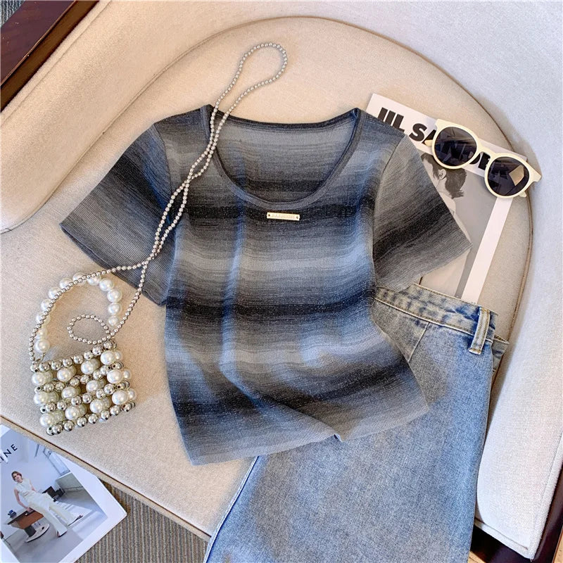 Hnewly  Contrast Striped T-shirt For Women's Summer Knitted Short Sleeved Tee  Cool Girls Fashion High Street Square Collar Short Top
