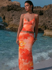 Hnewly  Tie-Dye Print 2 Piece Set Women Summer Y2K Fashion Hipster Elegant V-Neck Camisole+Maxi Skirts Matching Streetwear