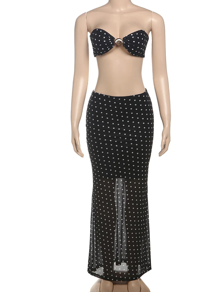 Hnewly Speckled Print 2 Piece Set Sexy Women Seashell Knot Tank Top+See Through Long Skirts Matching Midnight Clubwear Suits