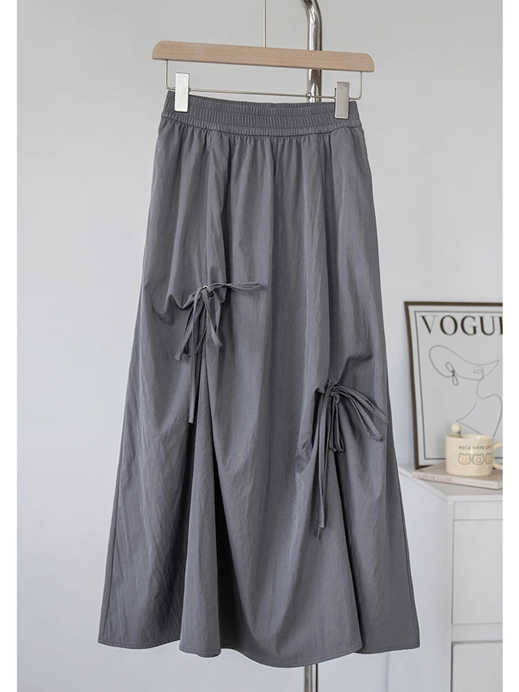 Hnewly  Women's Summer High Waisted Bow Cargo Skirt - Korean Effortless Chic Flowy Big Hem Umbrella Skirt Midi Casual Skirt