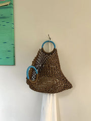 Hnewly  Ins Grass Woven Tote Bag Hollow Out Handbags Summer Handbag Circular Handheld Beach Bags For Women Girl