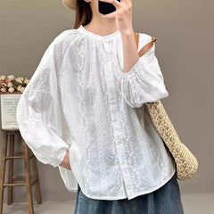 Hnewly  White Floral Embroidery Shirts Women Spring Autumn Elegant Long Lantern Sleeve Blouses Woman O-Neck Single Breasted Female