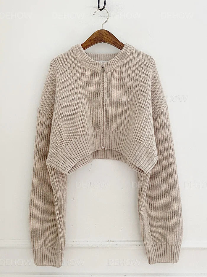 Hnewly  Zip Up Knit Sweater Cardigan Women Long Sleeve Boxy Fit Zipper Front Crop Sweater Jacket Teen-girl Fall Winter Acubi Y2k Outfit