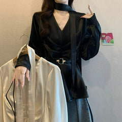 Hnewly  Elegant Ladylike Style Satin Ribbon V-neck Shirt Spring Autumn New Fashionable Large-sized Stylish Belt-cinched Loose Top