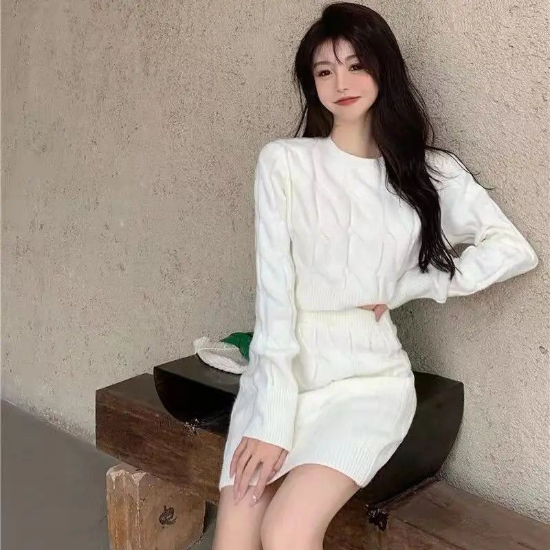 Hnewly Two Piece OF Pullover Autumn/Winter Knitted Sweater Set Pure Desire Short Sweater Sexy Spicy Girl Arm Wrap Skirt Sweater Female