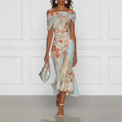 Lunivop  Elegant Party Bodycon Maxi Dress Women Summer Sexy Sleeveless Off Shoulder Floral Print Long Dresses Casual